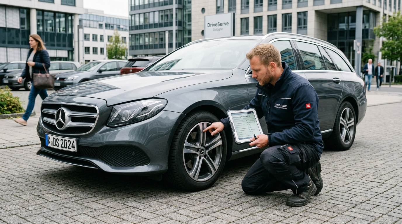 Überführungsfahrer führt digitale Fahrzeugprüfung und Übergabeprotokoll vor Abfahrt in Köln durch