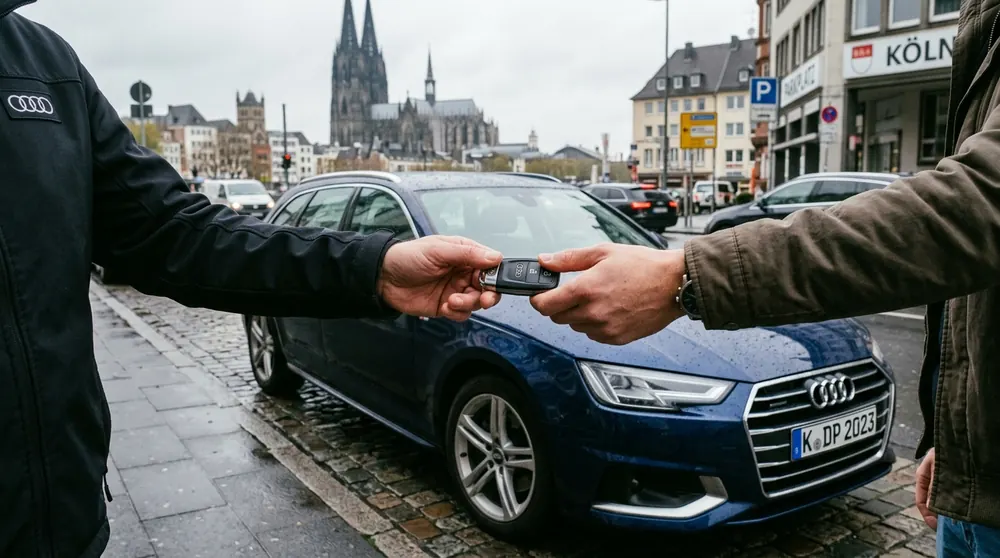 Persönliche Schlüsselübergabe bei einer Fahrzeugüberführung in Köln mit Dom-Atmosphäre